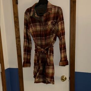 Flannel Plaid Shirt Dress - Red and Brown